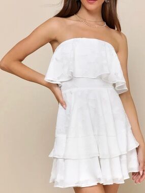 Lulu's True Lover Strapless Floral White Tiered Ruffle Mini Dress Size Small